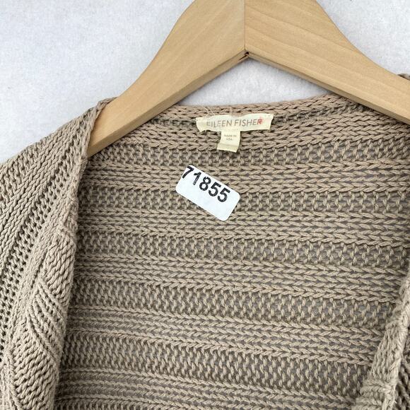 EILEEN FISHER Sweater S Cotton Ribbed Cardigan Draped Open Front Brown USA - Picture 11 of 11